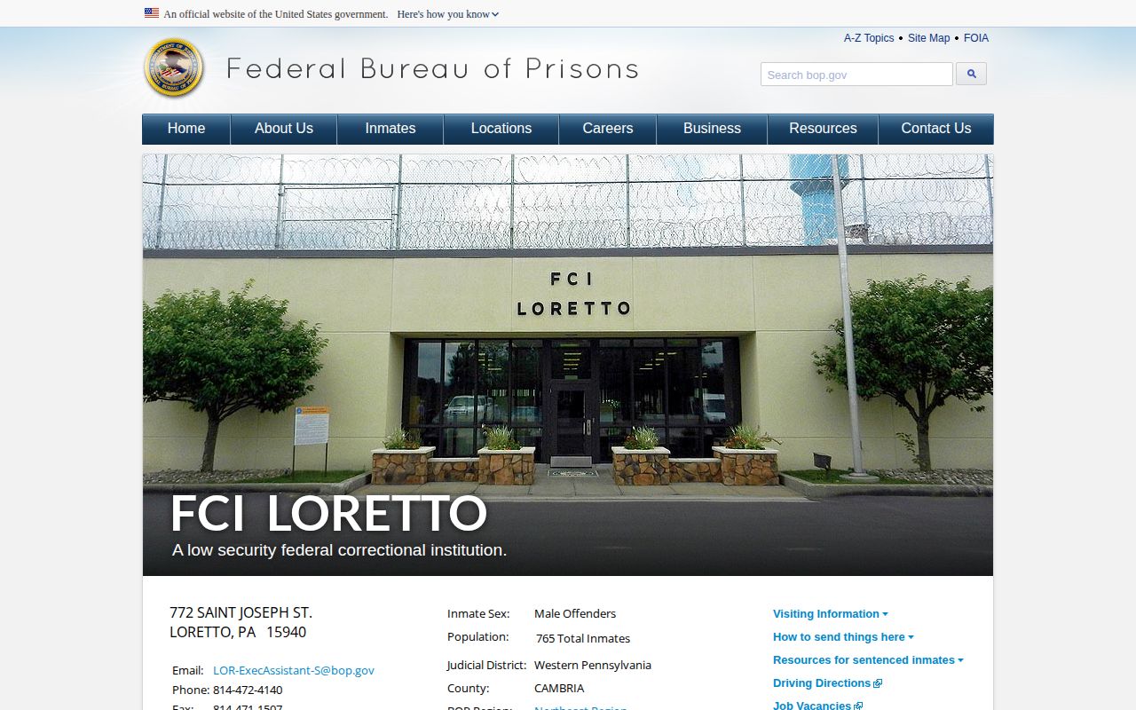 Official FCI Loretto federal release and institution information page